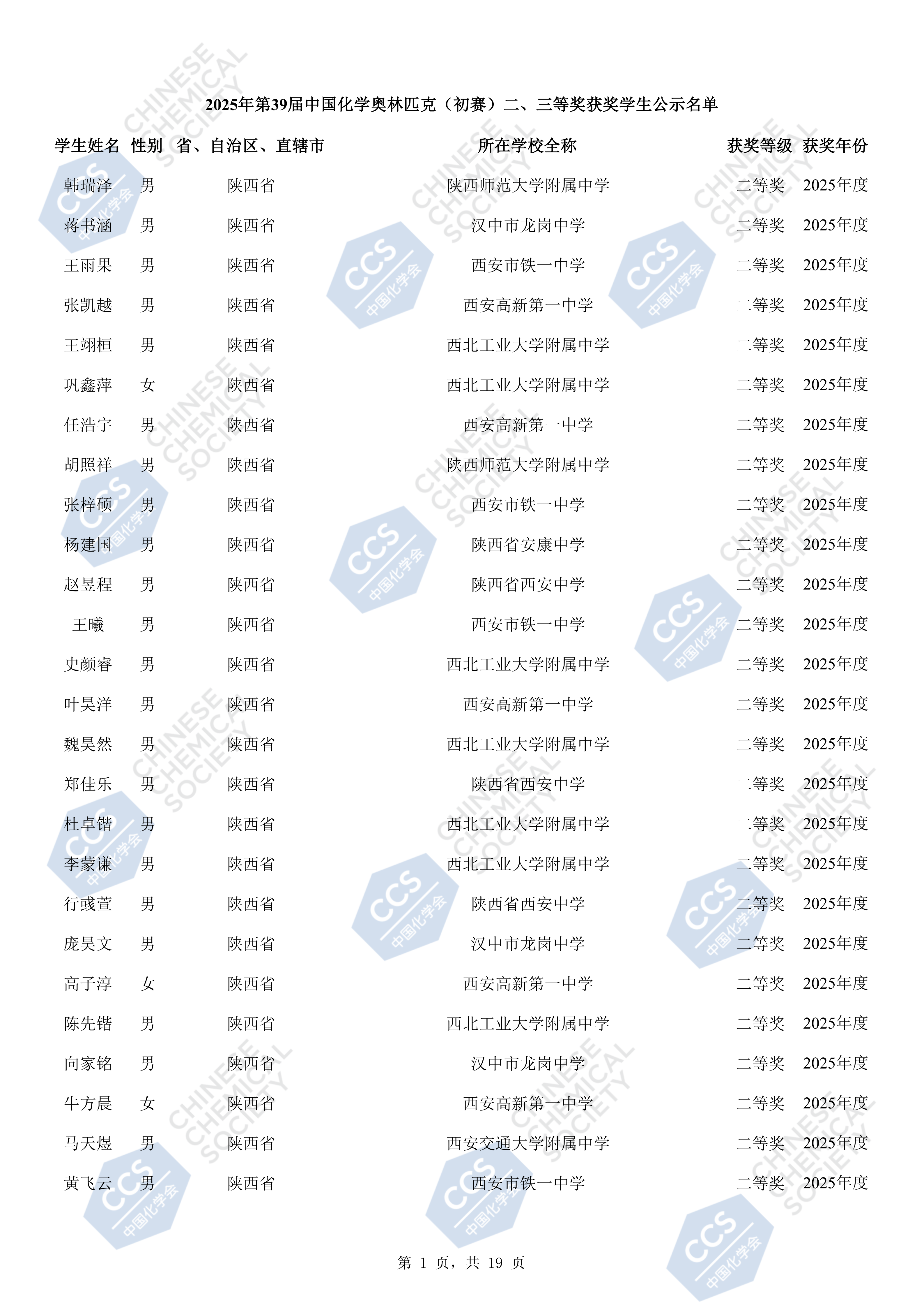 陕西省2025年地39届全国中学生化学竞赛初赛省二获奖名单